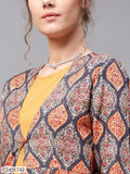 Sassafras Mustard Kurta with Grey Printed Jacket