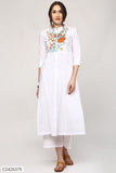 Sassafras White Embroidery Front & Side Slit Kurta (Code: C2426379)