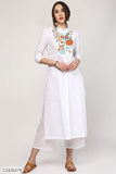 Sassafras White Embroidery Front & Side Slit Kurta (Code: C2426379)