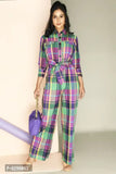 Womens Jumpsuit Having Shirt Collar, Placket With Button and 3/4 Sleeve With Roll Ups