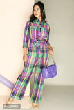 Womens Jumpsuit Having Shirt Collar, Placket With Button and 3/4 Sleeve With Roll Ups