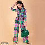 Womens Jumpsuit Having Shirt Collar, Placket With Button and 3/4 Sleeve With Roll Ups
